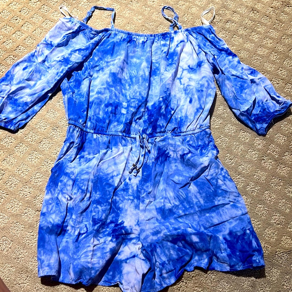 Amy Byer Girls blue tie-dye shorts Romper sz L-14